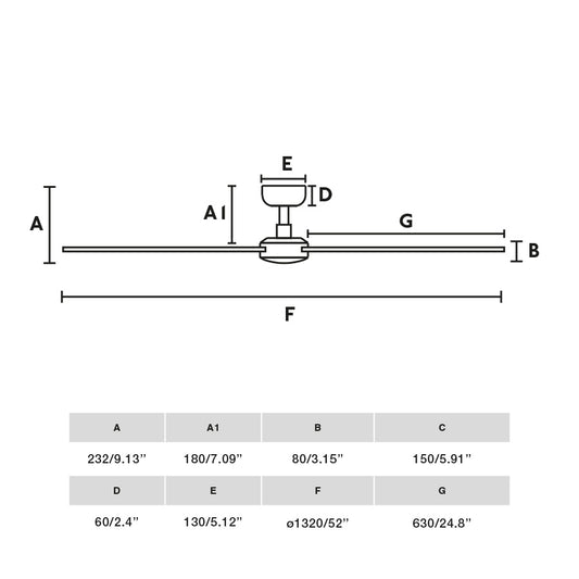 Plano con medidas de Ventilador de Techo Rudder L 132 cm Negro y Nogal FARO
