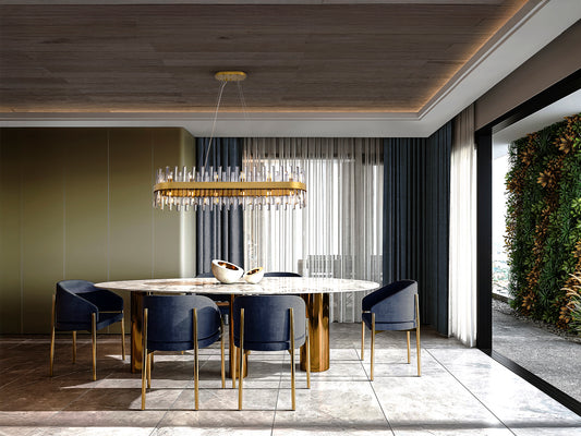 Lámpara Colgante Ovalada Grace 28 Luces Oro Cepillado Schuller en ambiente decorado | Schuller