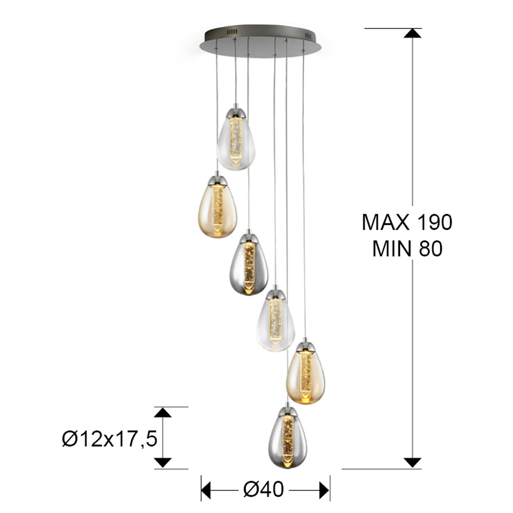 Plano con medidas de Lámpara Colgante Taccia 6 Luces LED Cromo y Cristal Ámbar Schuller