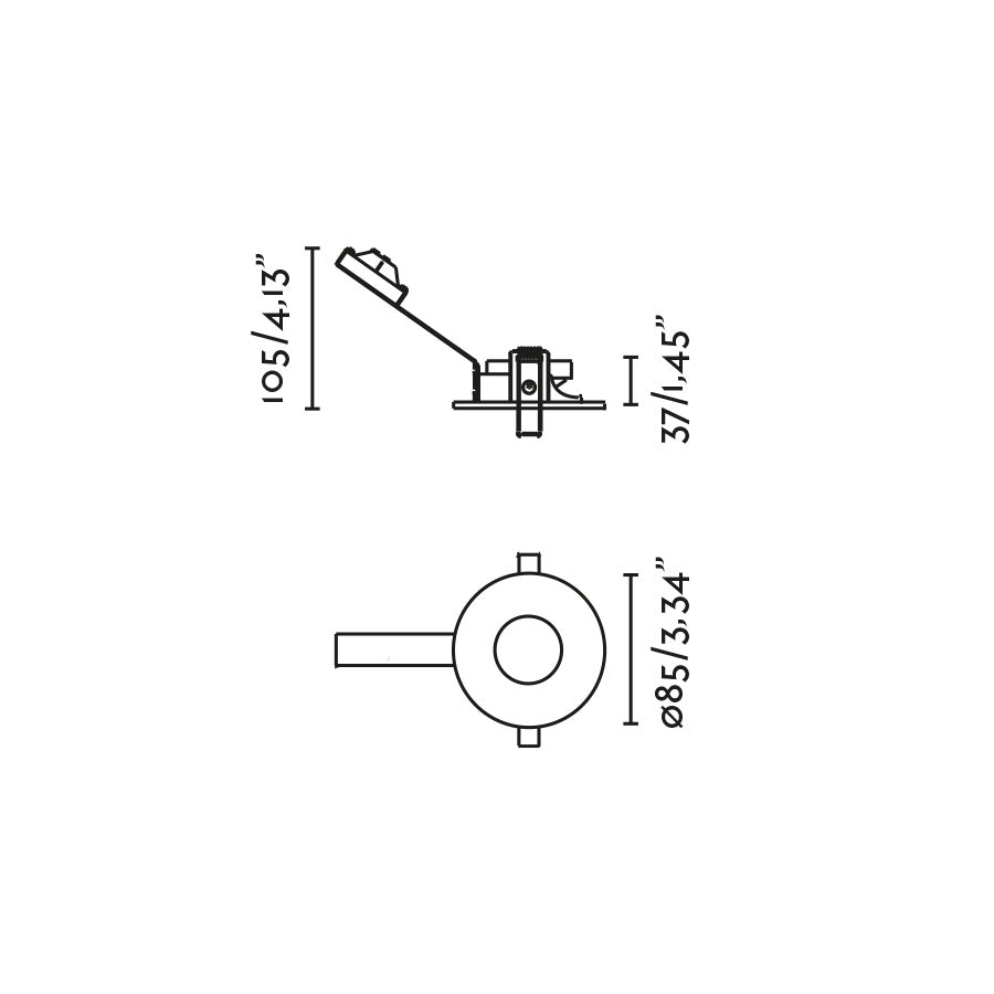 Plano con medidas de Empotrable Pinhole NIVA Negro 85 mm para GU10 Interior FARO