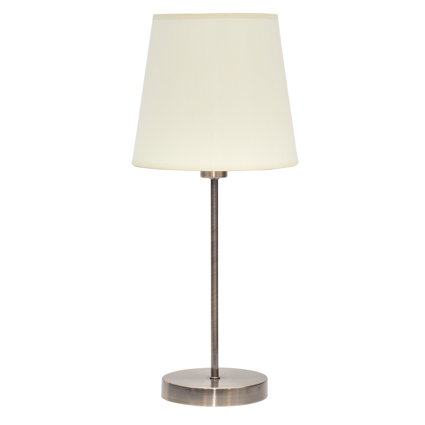 Lámpara Maldivas fabricada en metal color cuero y pantalla textil beige, luz suave