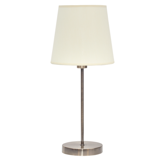 Lámpara Maldivas fabricada en metal color cuero y pantalla textil beige, luz suave