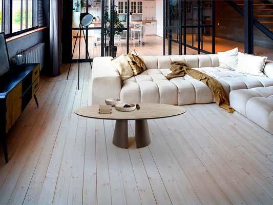 Mesa de Centro Ovalada Samara 130 cm Travertino y Marrón Schuller en ambiente decorado | Schuller