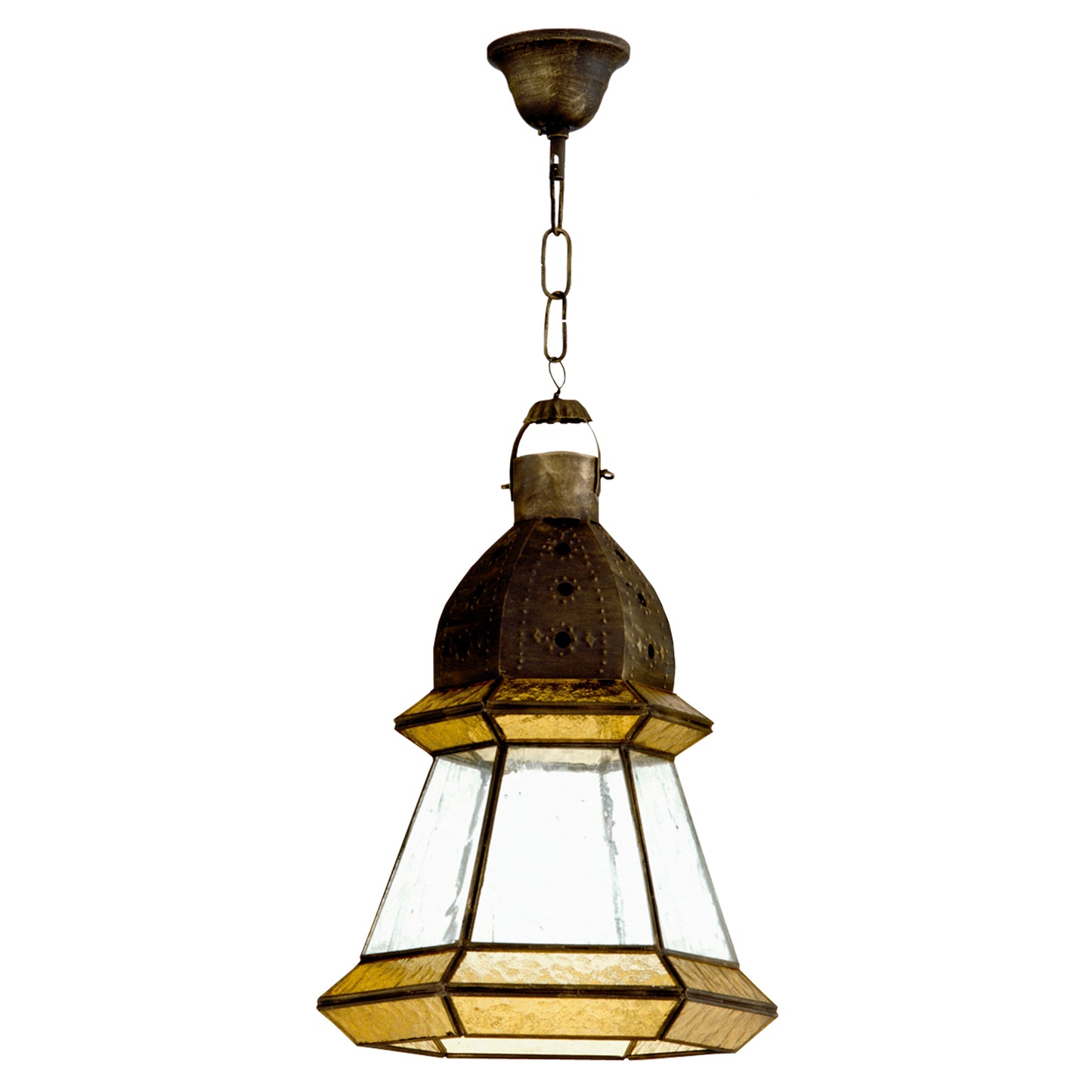 Lámpara colgante Ambarina fabricada en metal y cristal color cuero y ámbar, ideal para un ambiente rústico