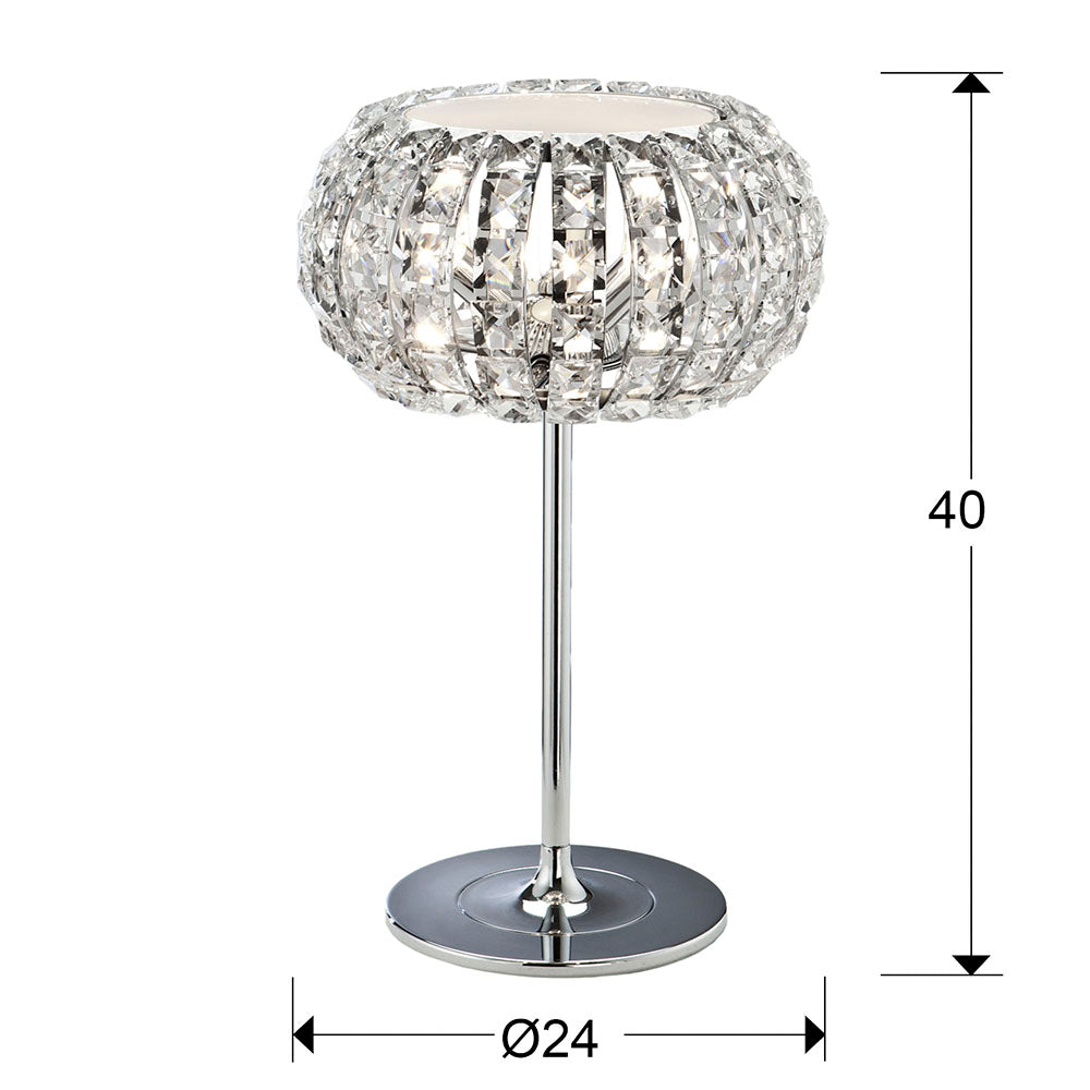 Plano con medidas de Lámpara de Sobremesa Diamond 3 Luces Cromo y Cristal Transparente Schuller