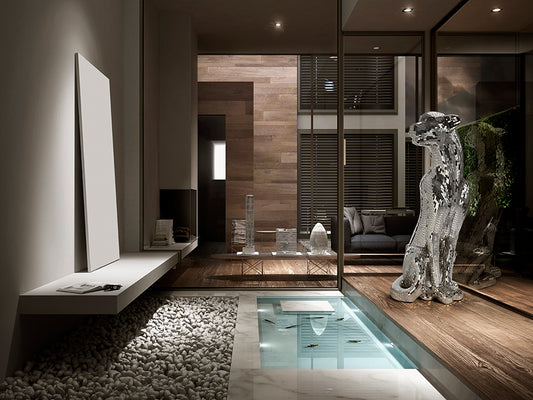 Ambiente de Figura Decorativa Leopardo Baguira de Schuller (Baguira) en color Plata Espejo con mosaico de cristales de espejo - Ref 523306.