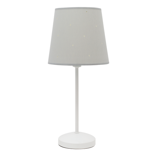 Sobremesa Consciencia fabricada en metal color blanco con pantalla textil gris