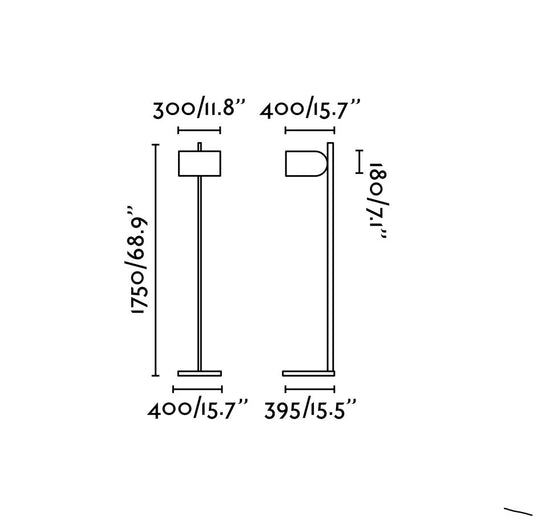 Plano con medidas de Lámpara de Pie STAND UP 175 cm Regulable en Altura Negro y Blanco FARO