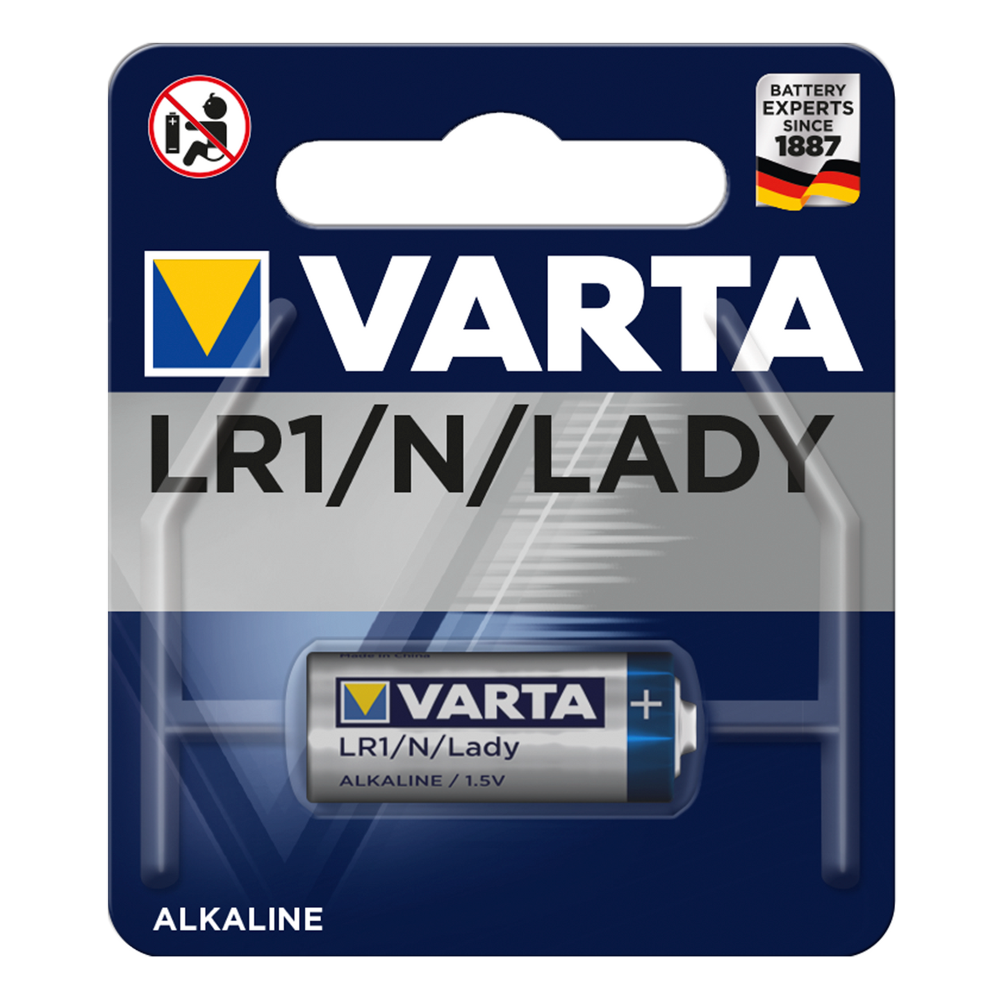 Blister con una pila alcalina Varta LR1 de 1,5 voltios, ideal para dispositivos electrónicos.