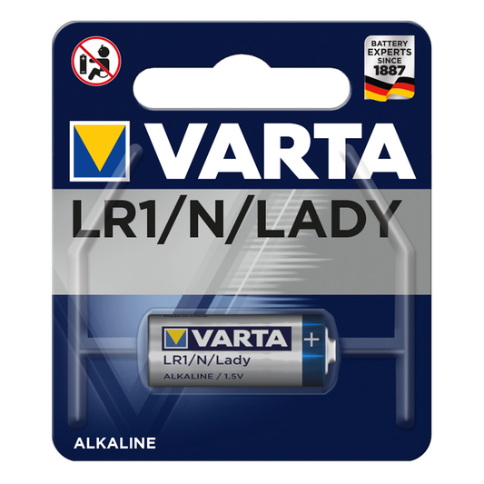 Blister con una pila alcalina Varta LR1 de 1,5 voltios, ideal para dispositivos electrónicos.