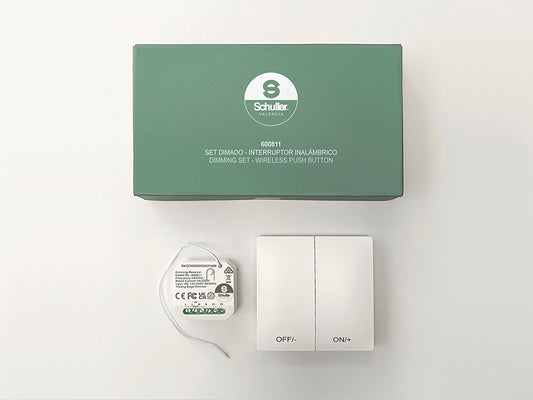 Caja de Set de Dimado Inalámbrico con Interruptor de Schuller (Set Dimado) en color Blanco con receptor y pulsador cinético - Ref 600811.