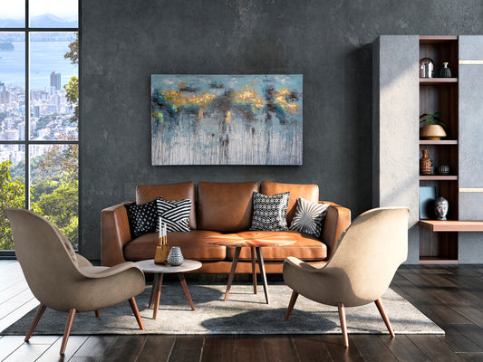Cuadro Pintura Acrílica Aquas 150x90 cm Detalles Oro Schuller en ambiente decorado | Schuller