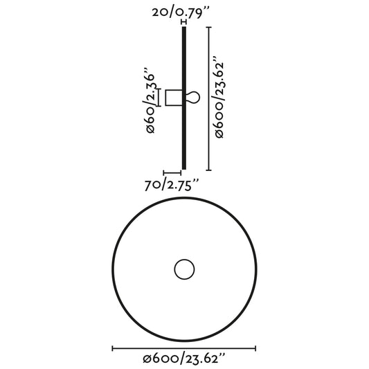 Plano con medidas de Aplique de Techo y Pared Costas 60 cm Ratán y Negro Faro