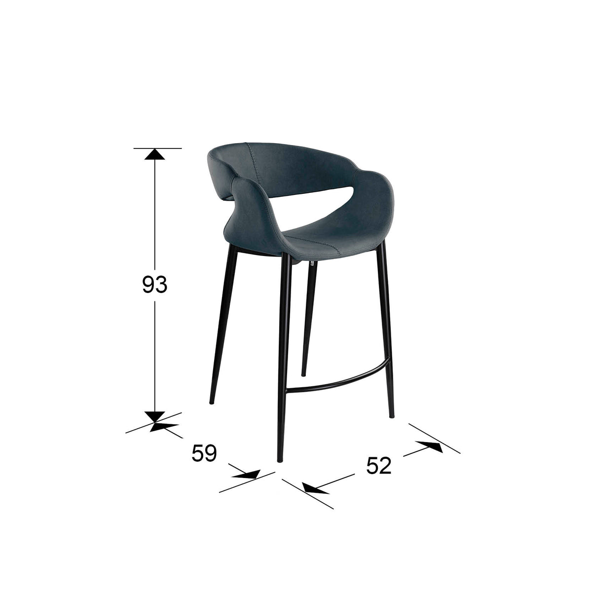 Plano con medidas de Taburete Alto con Respaldo Giro Azul Oscuro y Negro Schuller