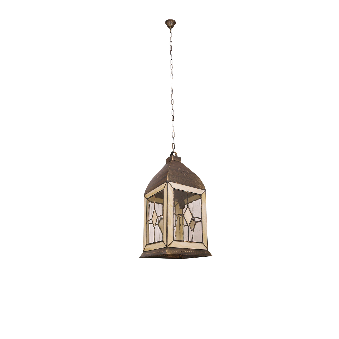 Farol Califa fabricado en Metal color Oro Viejo y Cristal Beis