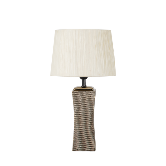 Sobremesa Cerámica Palo Santo Bronce Dorado con pantalla Beige, diseño elegante y original de Fabrilamp.