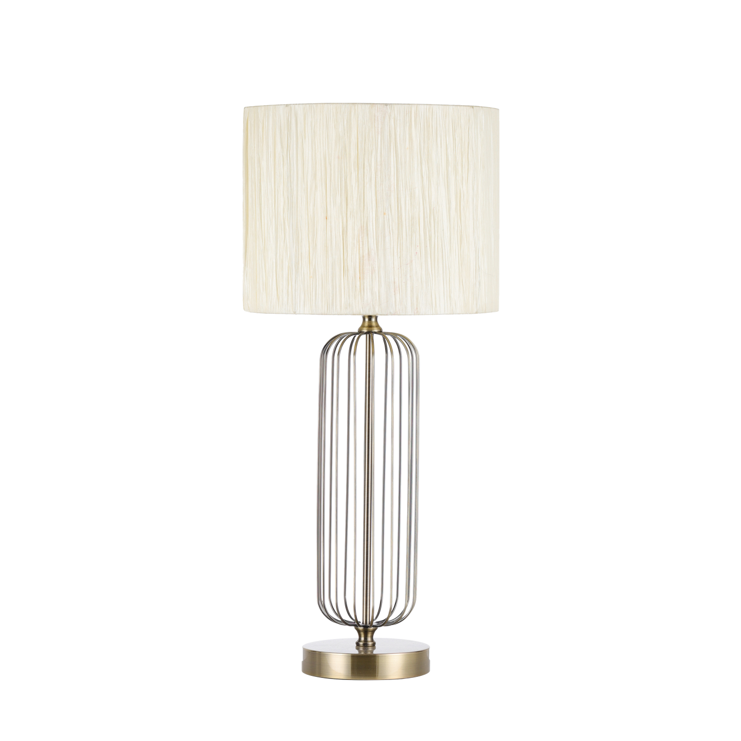Sobremesa Mansonia fabricada en metal color cuero con pantalla textil beige