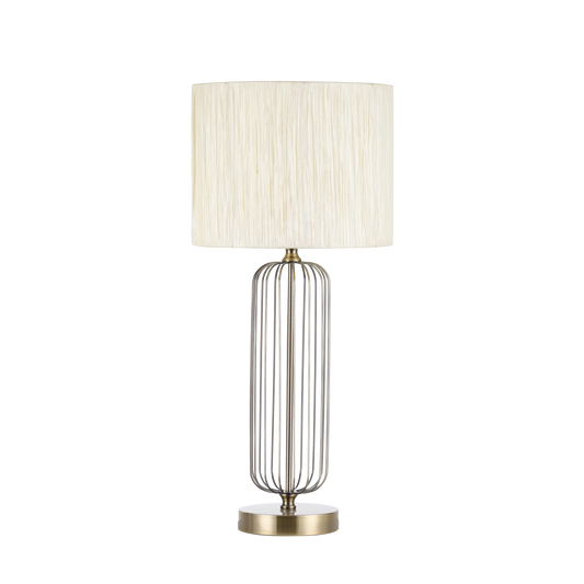 Sobremesa Mansonia fabricada en metal color cuero con pantalla textil beige