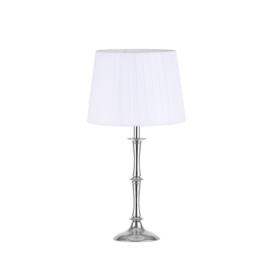 Lámpara Oregón fabricada en metal color cromo con pantalla textil blanca