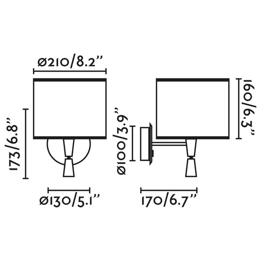 Plano con medidas de Aplique de Pared con Lector Mambo Ratán y Negro Mate FARO