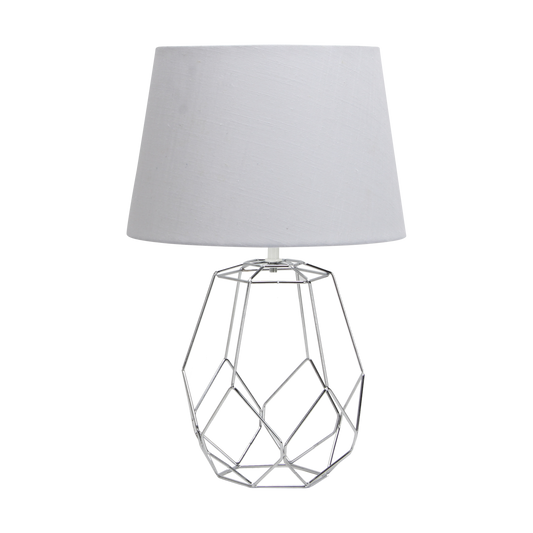 Sobremesa Labeo fabricada en metal color cromo con pantalla textil blanca