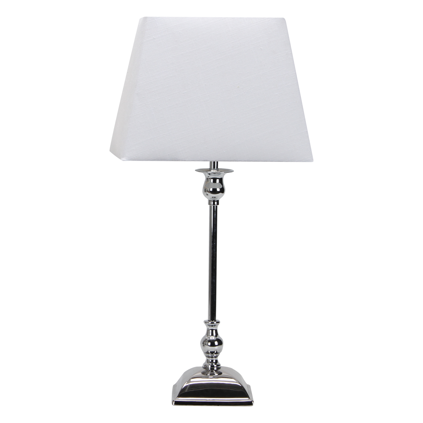Lámpara Percasol fabricada en metal y cerámica color cromo con pantalla blanca