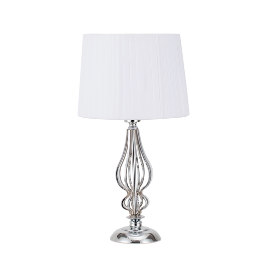 Lámpara Cebrano fabricada en metal color cromo con pantalla textil blanca