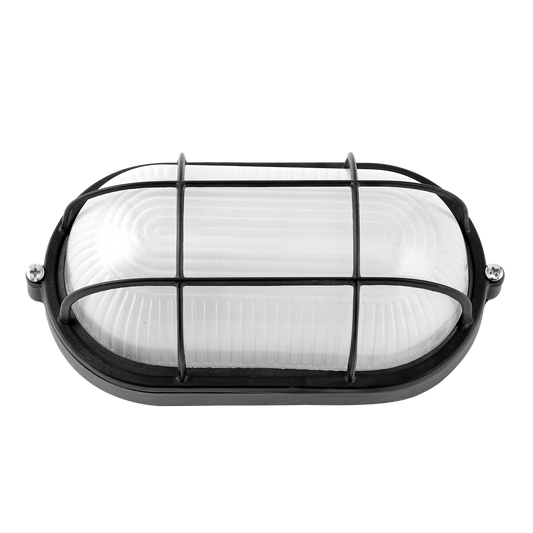 Aplique exterior ovalado de aluminio negro APUS de Fabrilamp, ideal para iluminación exterior. Compra en luzguru.com
