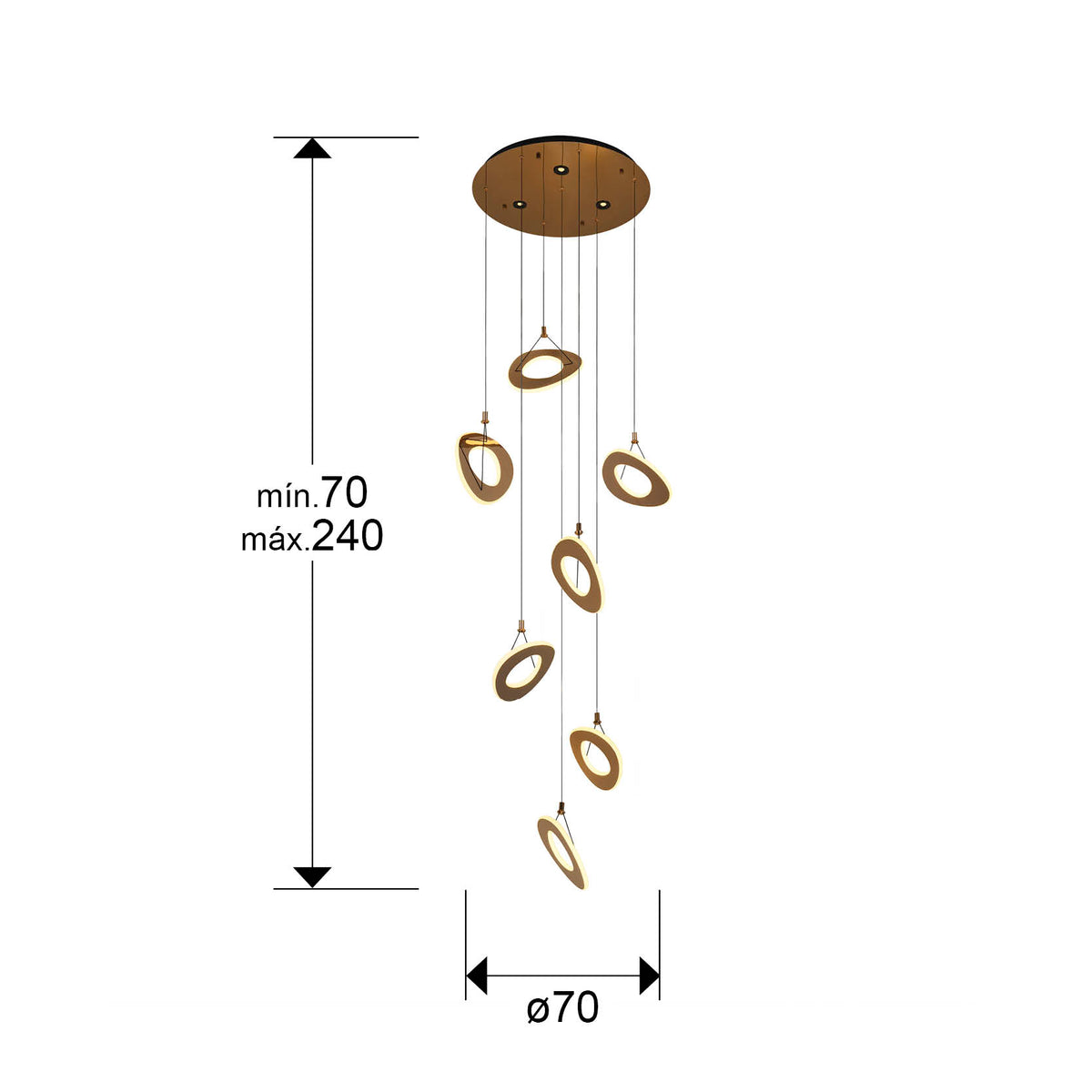 Plano con medidas de Lámpara Colgante LED Mirena 7 Luces Oro Rosa Schuller