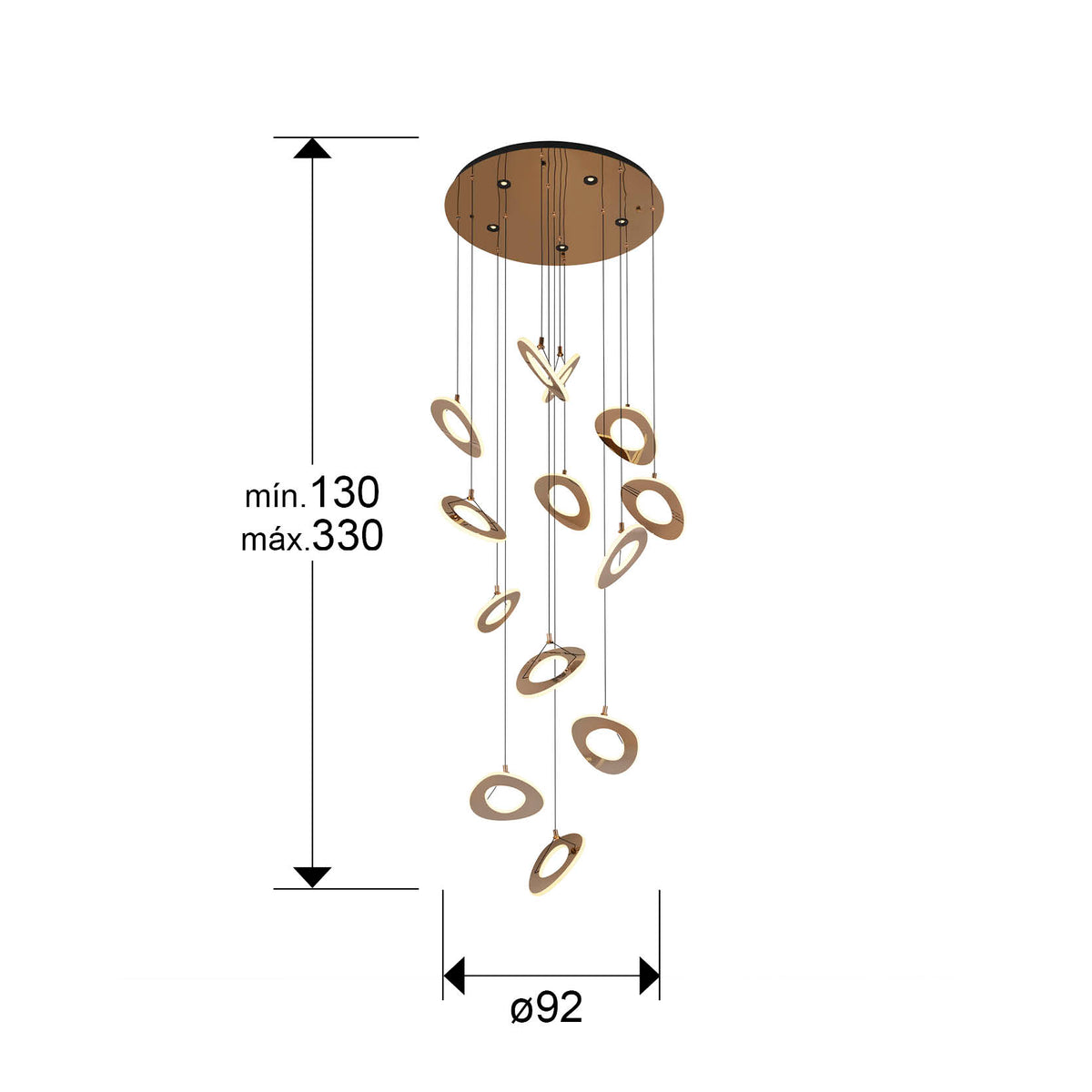 Plano con medidas de Lámpara Colgante LED Mirena 13 Luces Oro Rosa Schuller