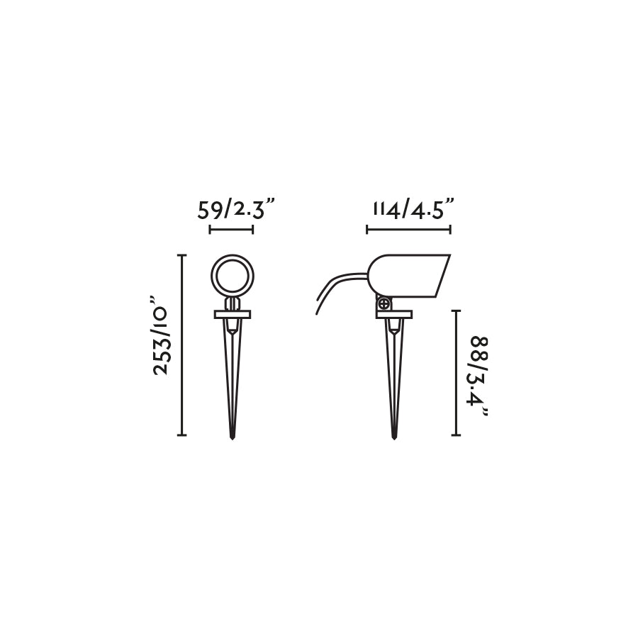 Plano con medidas de Estaca de Exterior LUCA Negra Mate Orientable GU10 FARO
