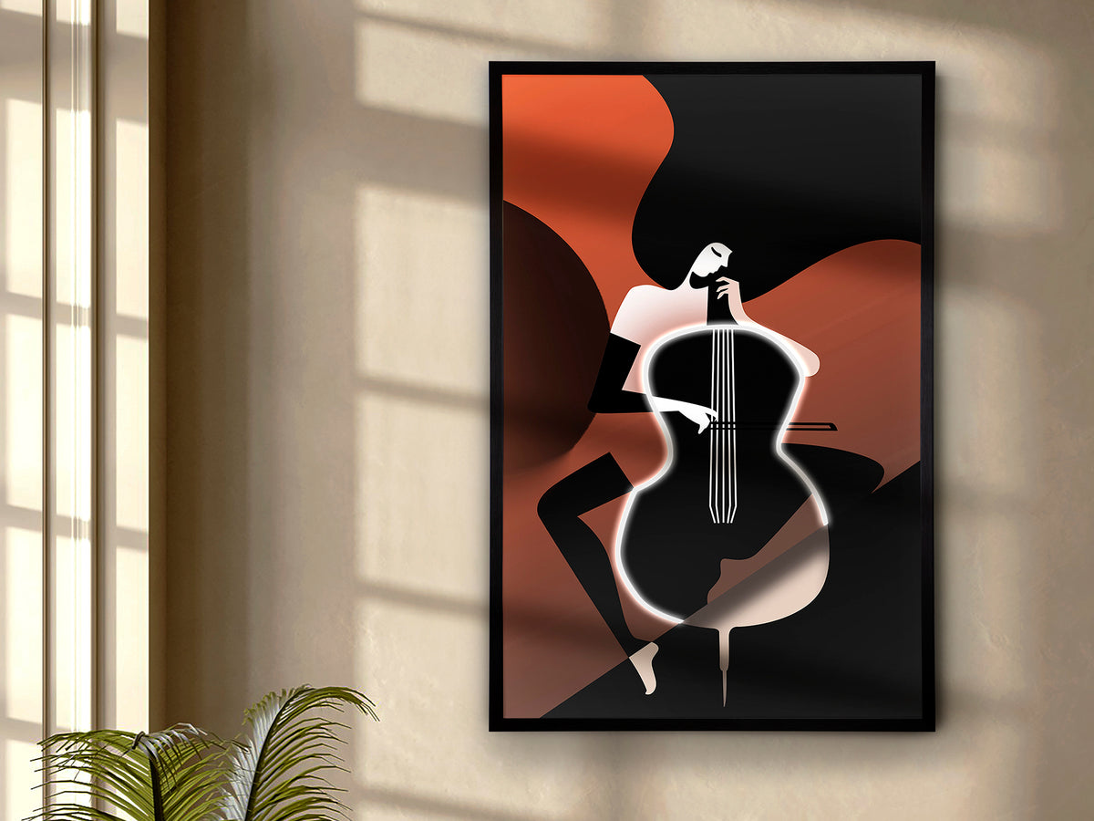Cuadro con Luz LED Violonchelo 80x120 cm Marco Negro Schuller en ambiente decorado | Schuller