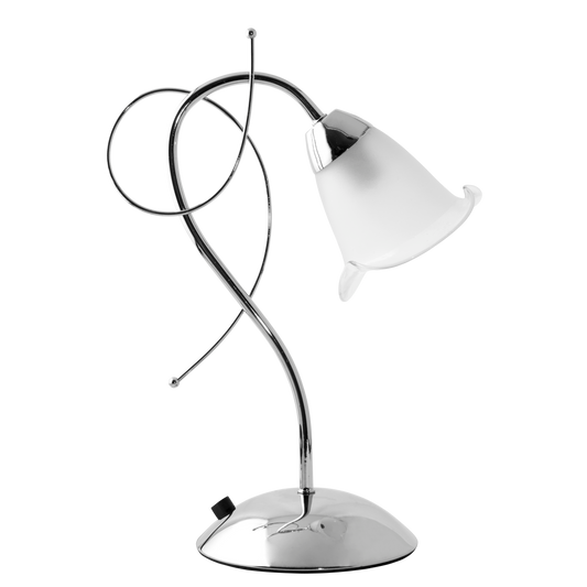 Sobremesa Adelfa fabricada en metal color cromo con tulipa de cristal blanco