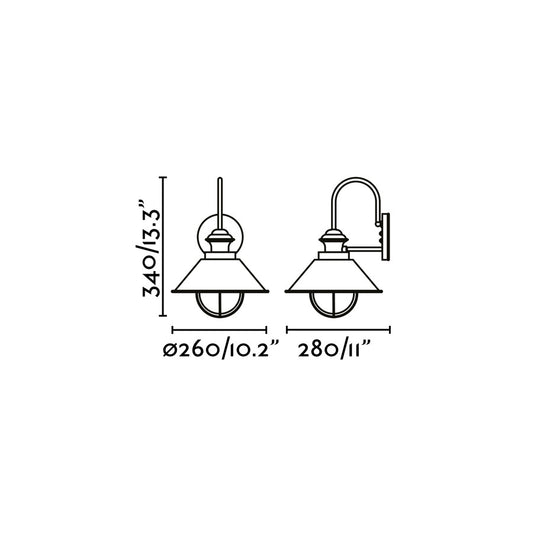 Plano con medidas de Aplique Exterior Náutica 280 Marrón Óxido 1 Luz FARO
