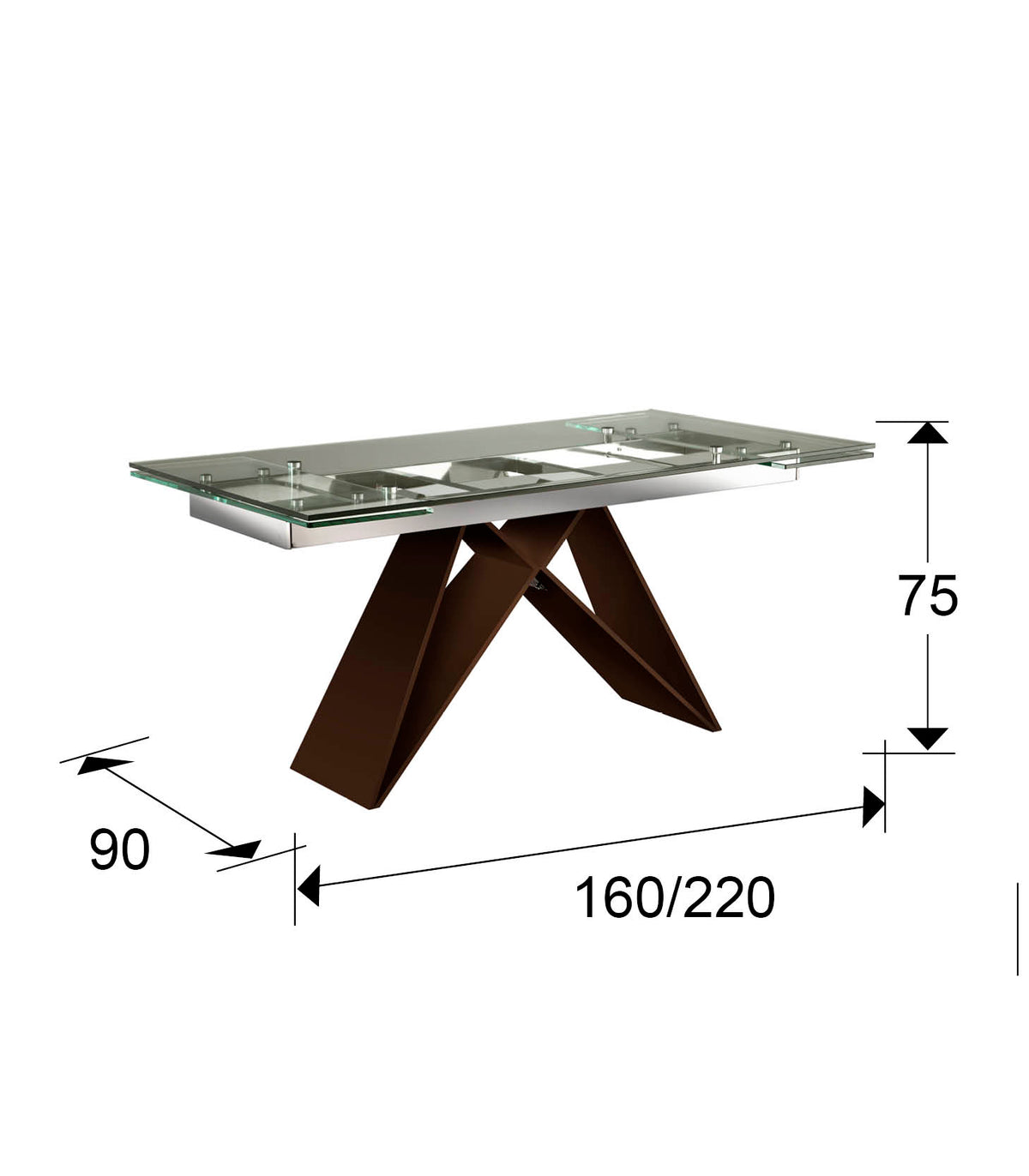 Plano con medidas de Mesa de Comedor Extensible Mika 160/220 cm Marrón Schuller