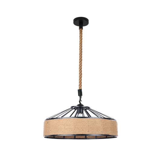 Colgante pequeño de la serie CAÑA en color negro con cuerda de cáñamo, ideal para estilo rústico o farmhouse. luzguru.com