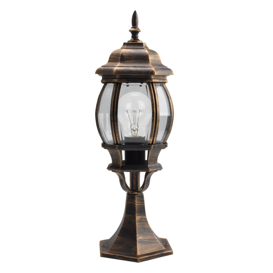 Sobremuro exterior de aluminio Caelum en negro y oro de Fabrilamp, ideal para iluminación exterior.