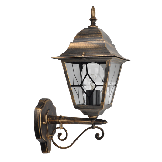 Aplique exterior Bootes de aluminio negro y oro, IP44, Fabrilamp. Iluminación elegante y resistente para exteriores.