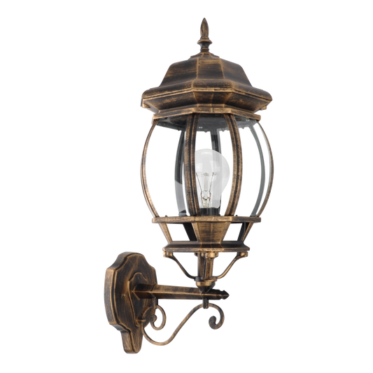 Aplique exterior Caelum de aluminio negro y oro, diseño clásico y resistente al agua IP44 de Fabrilamp.