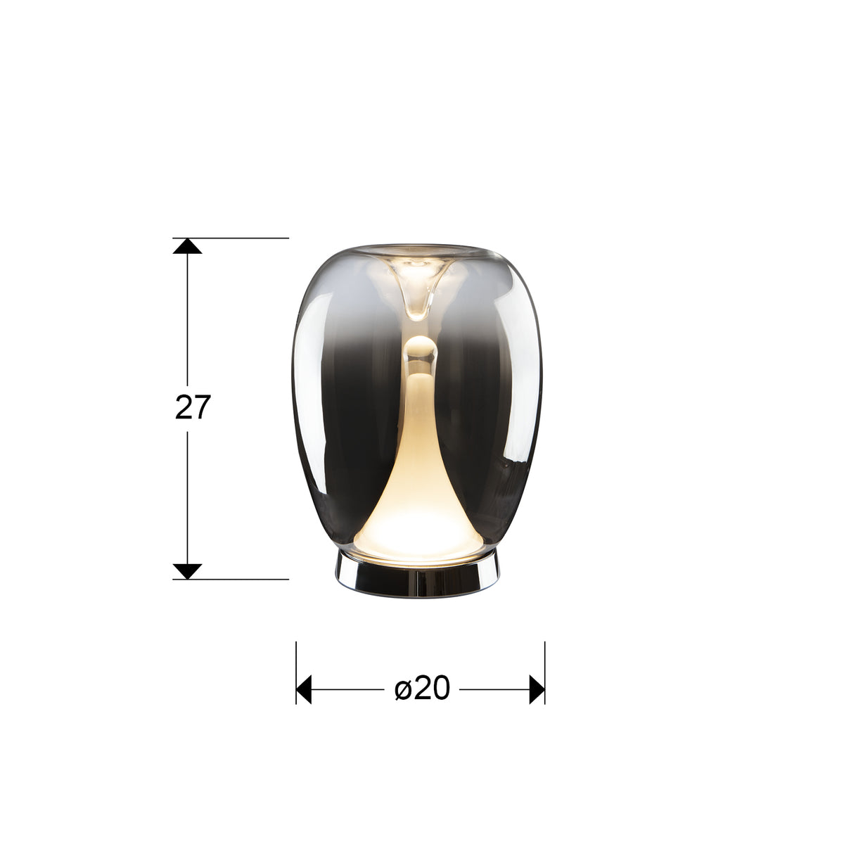 Plano con medidas de Lámpara de Sobremesa Suspiro 27 cm LED Cromo y Cristal Smoke Schuller