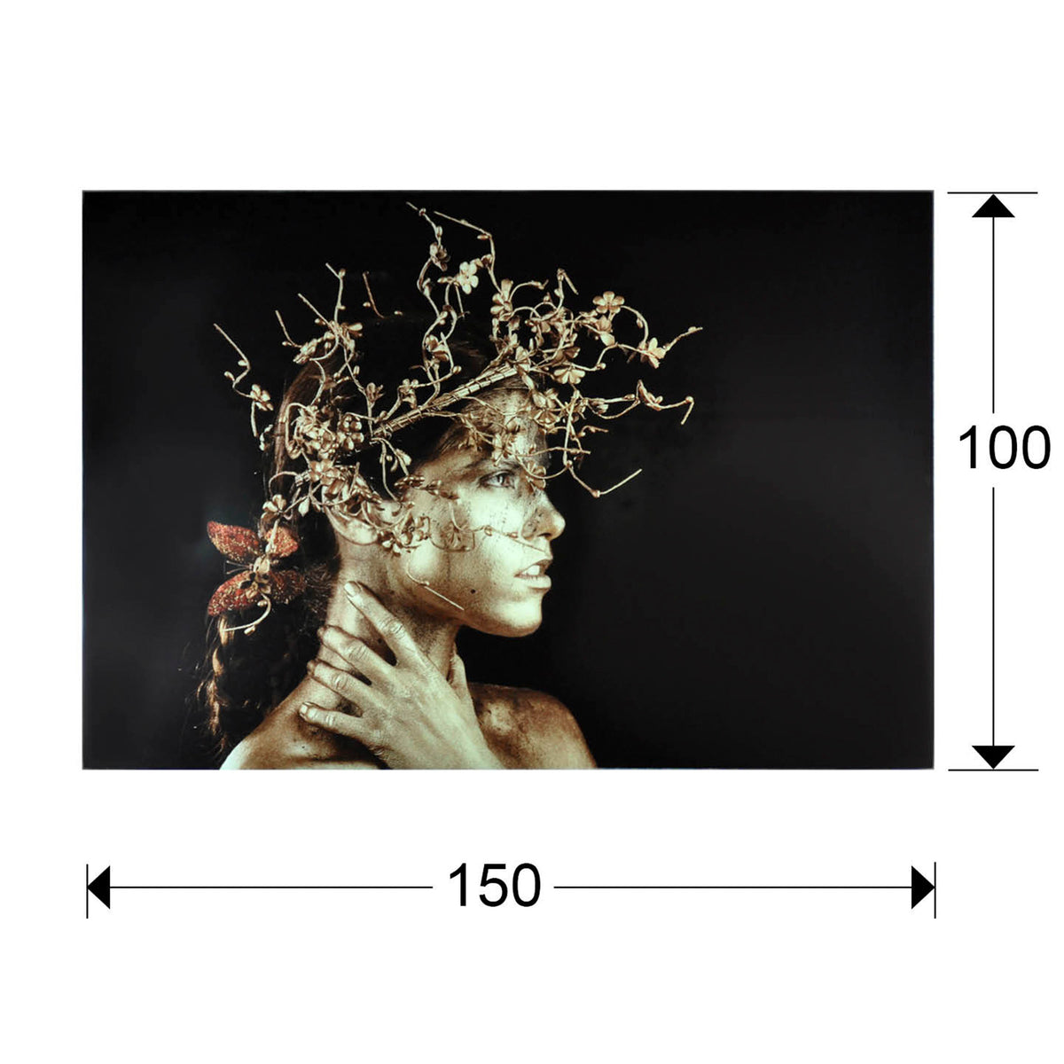 Plano con medidas de Fotografía Impresa en Cristal Templado Mujer Dorada 150x100 cm Schuller