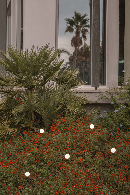 Luminaria CUCA 500 fabricada en acero inoxidable color negro, ideal para exteriores