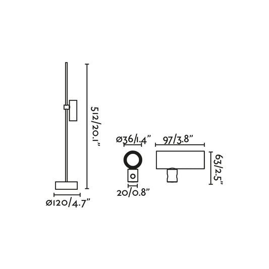 Plano con medidas de Baliza LED Exterior CLAP 512 6W 3000K Negra FARO