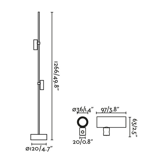 Plano con medidas de Baliza de Exterior CLAP 1266 Negra 2x6W 3000K 38º Aluminio FARO