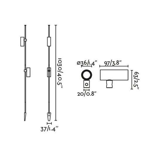 Plano con medidas de Estaca de Exterior CLAP 1030 103 cm LED 2x6W 3000K 2x524 lm Negra FARO
