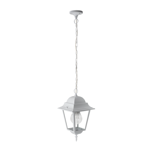 Lámpara colgante Spica fabricada en aluminio color blanco, ideal para iluminación exterior resistente.