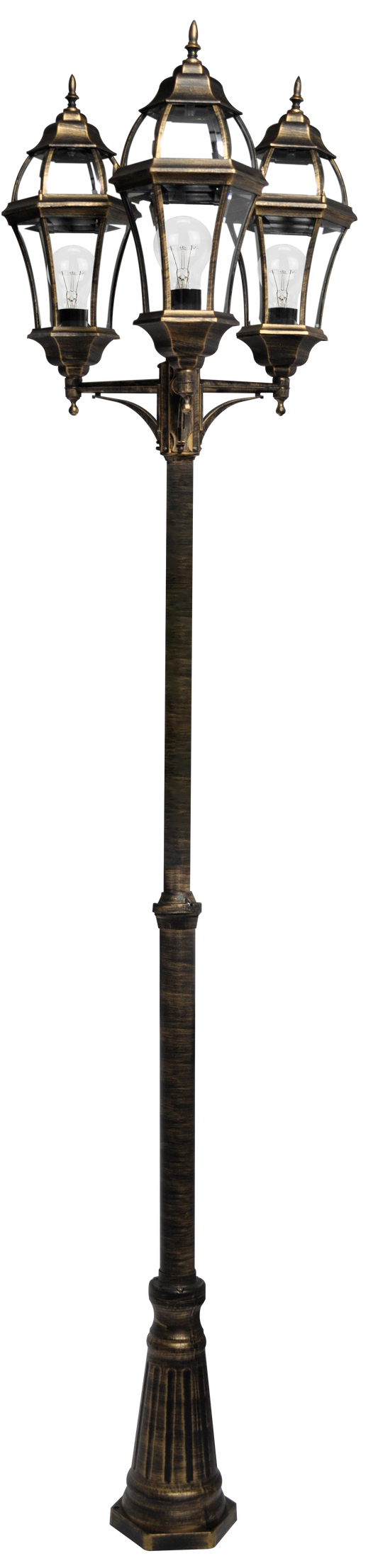 Farola exterior de aluminio Becrux 3xE27 en negro y oro, regulable en altura, IP44. Fabrilamp.