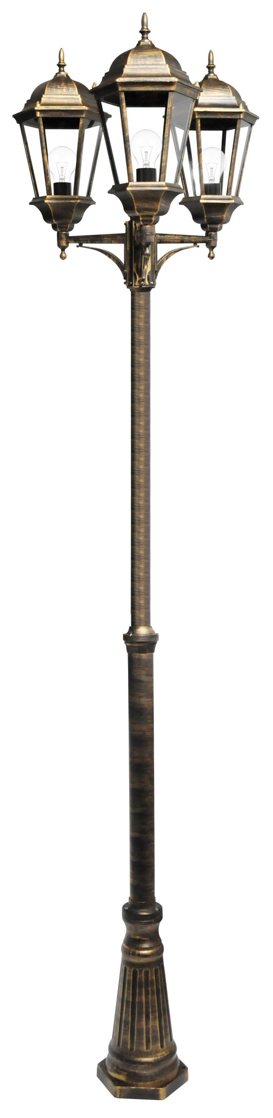 Farola exterior de aluminio Regulus, negra y dorada, con tres portalámparas E27, ideal para iluminar exteriores.