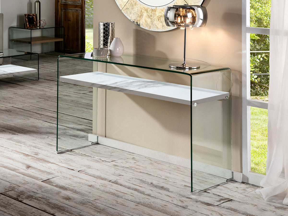 Consola Sonoma 125 cm Cristal Templado y Mármol Blanco Schuller en ambiente decorado | Schuller