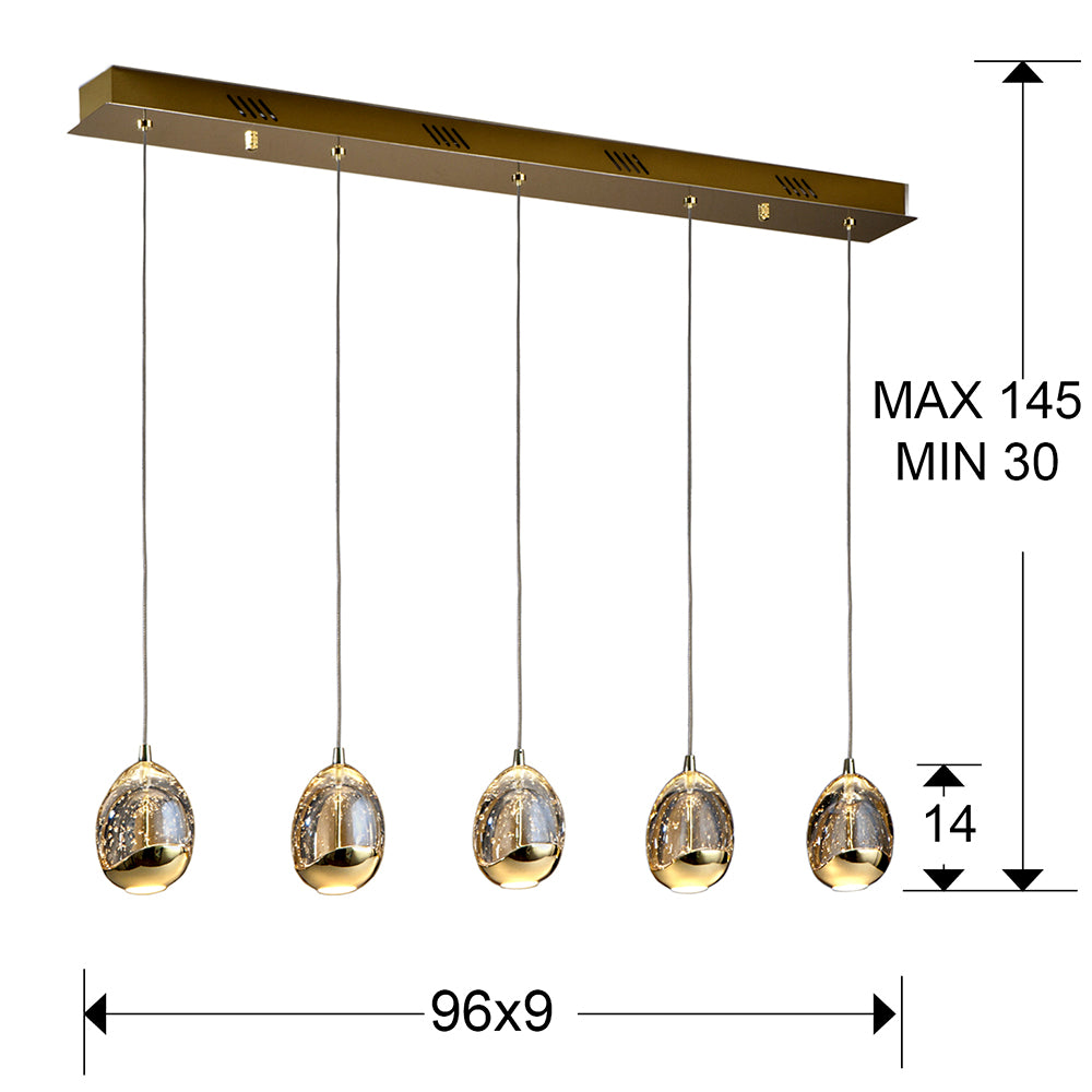 Plano con medidas de Lámpara Colgante Rocío 5 Luces LED Oro y Champán Schuller